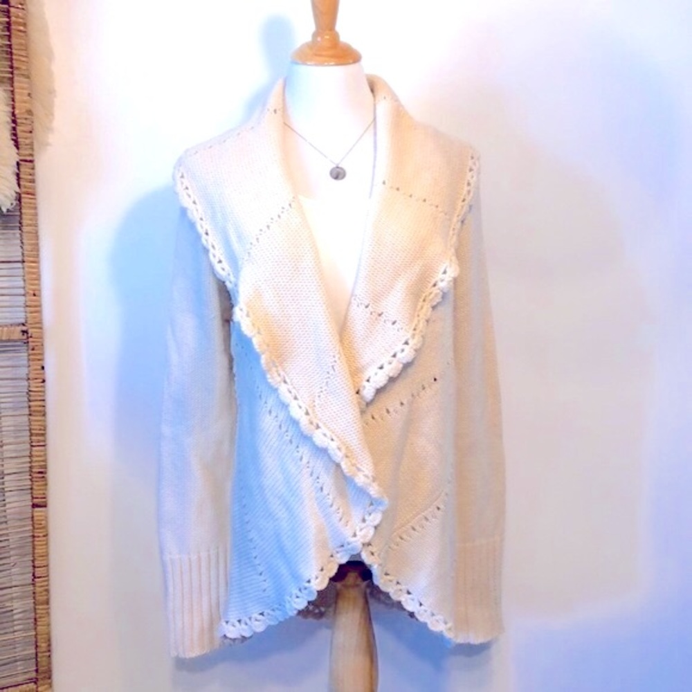 TRINITY-Cream Open Front Scalloped Boho High Low Cardigan Sweater-Size Medium